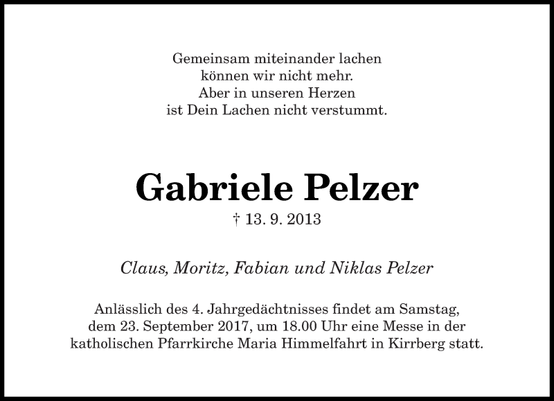  Traueranzeige für Gabriele Pelzer vom 13.09.2017 aus saarbruecker_zeitung