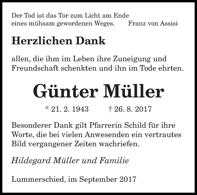  Traueranzeige für Günter Müller vom 09.09.2017 aus saarbruecker_zeitung