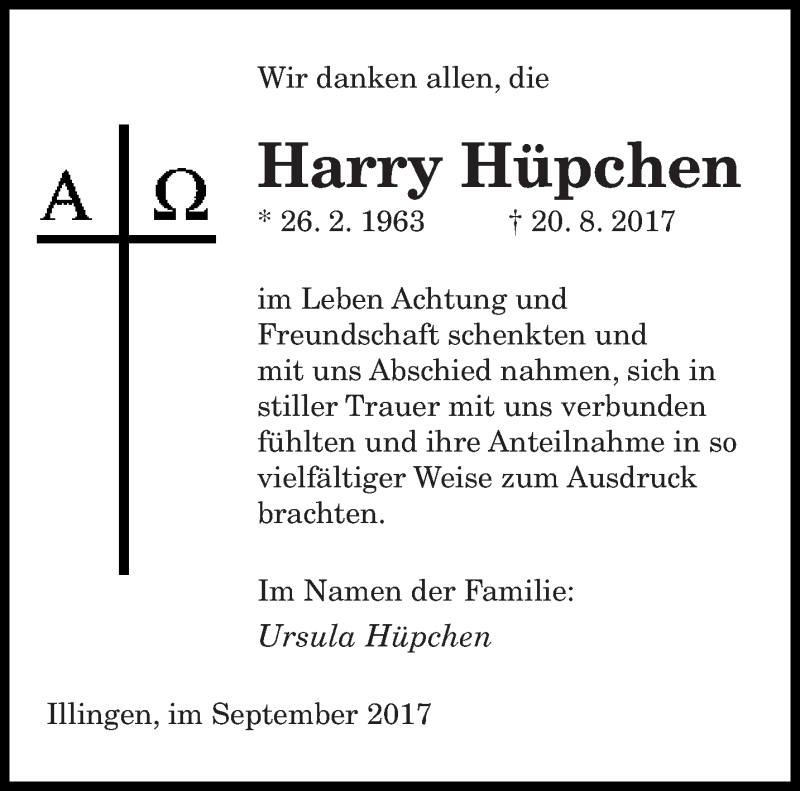  Traueranzeige für Harry Hüpchen vom 08.09.2017 aus saarbruecker_zeitung