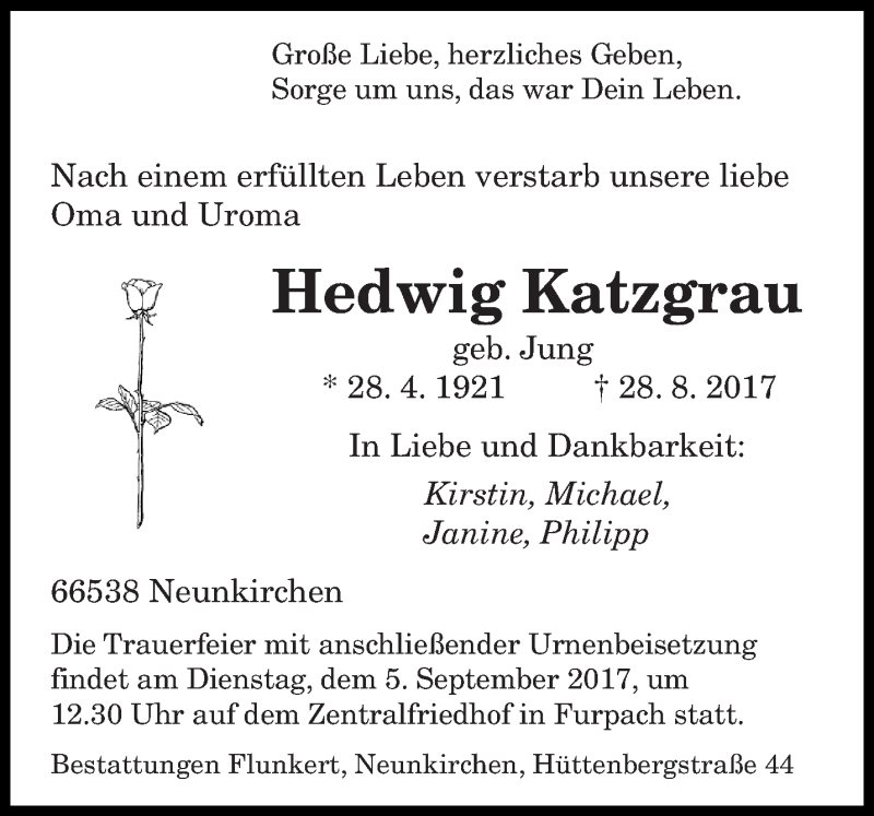  Traueranzeige für Hedwig Katzgrau vom 02.09.2017 aus saarbruecker_zeitung