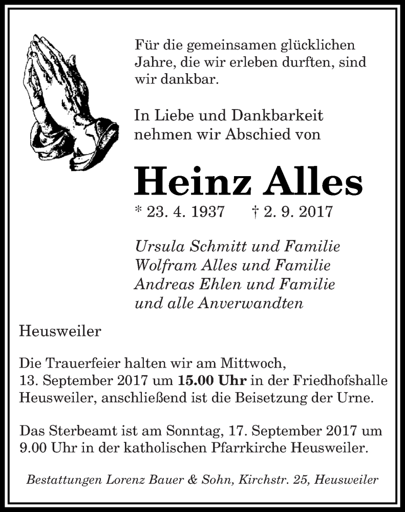  Traueranzeige für Heinz Alles vom 11.09.2017 aus saarbruecker_zeitung