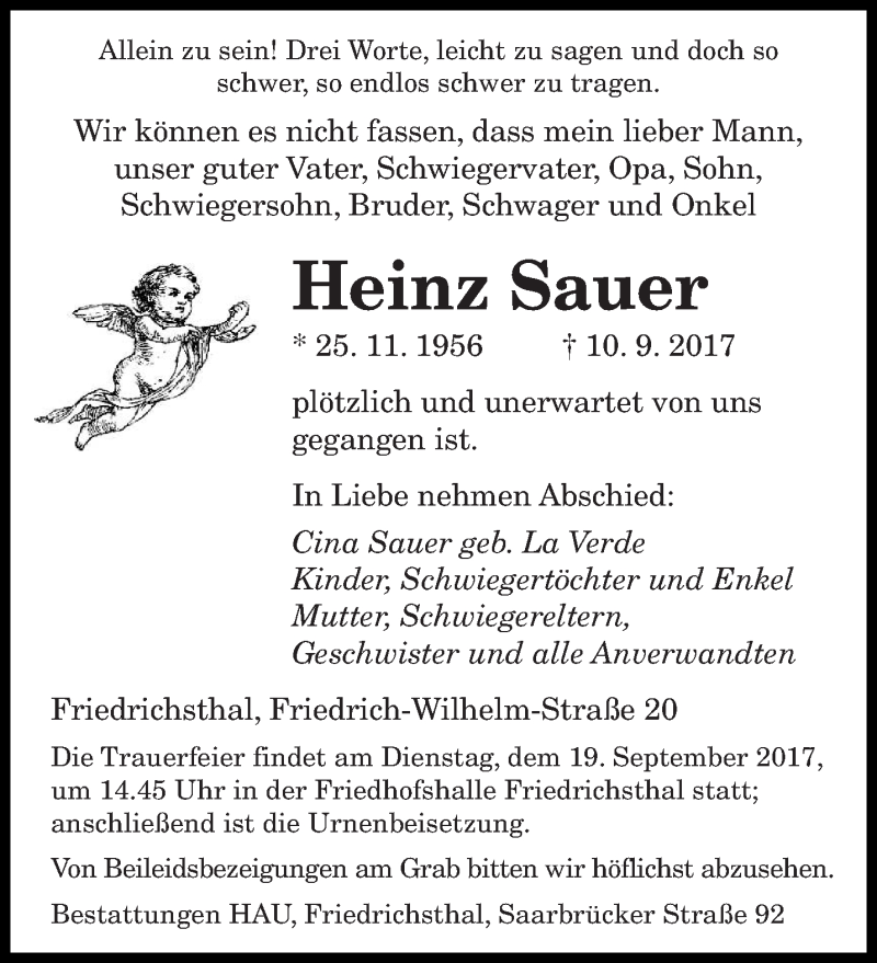  Traueranzeige für Heinz Sauer vom 13.09.2017 aus saarbruecker_zeitung