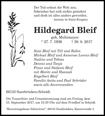 Traueranzeige von Hildegard Bleif von saarbruecker_zeitung