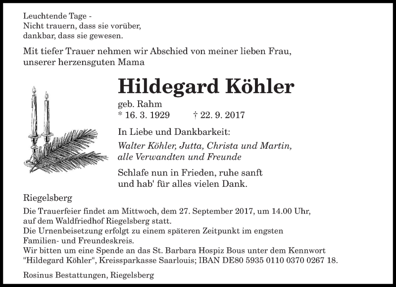 Traueranzeige für Hildegard Köhler vom 25.09.2017 aus saarbruecker_zeitung