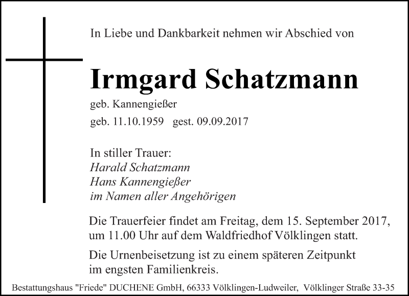  Traueranzeige für Irmgard Schatzmann vom 13.09.2017 aus saarbruecker_zeitung