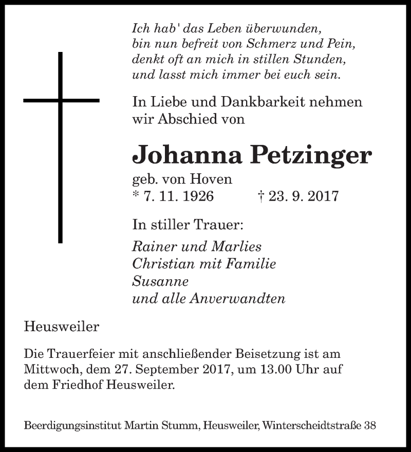  Traueranzeige für Johanna Petzinger vom 26.09.2017 aus saarbruecker_zeitung