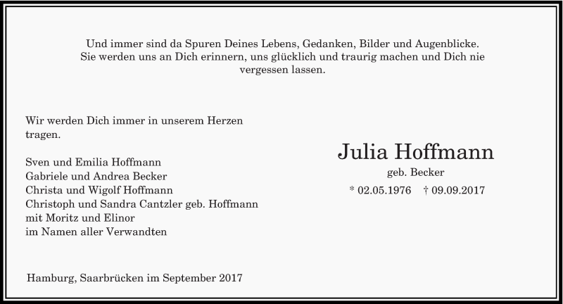  Traueranzeige für Julia Hoffmann vom 13.09.2017 aus saarbruecker_zeitung