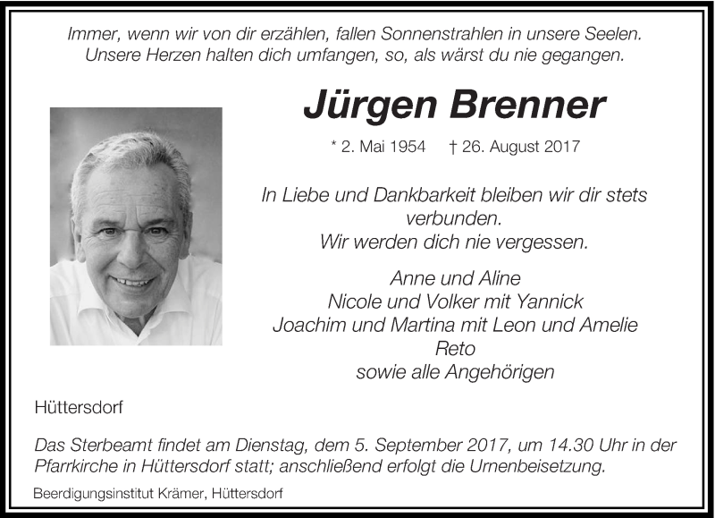  Traueranzeige für Jürgen Brenner vom 02.09.2017 aus saarbruecker_zeitung