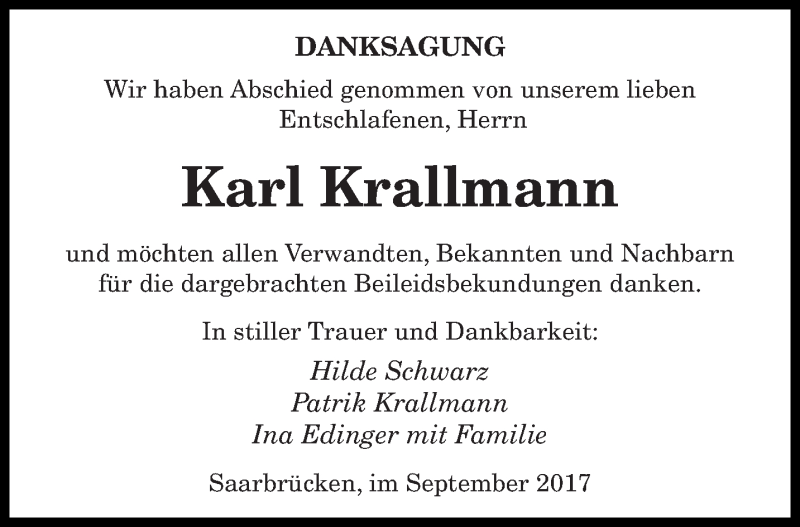  Traueranzeige für Karl Krallmann vom 16.09.2017 aus saarbruecker_zeitung