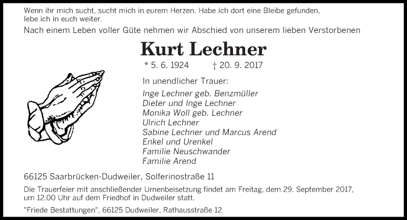  Traueranzeige für Kurt Lechner vom 27.09.2017 aus saarbruecker_zeitung