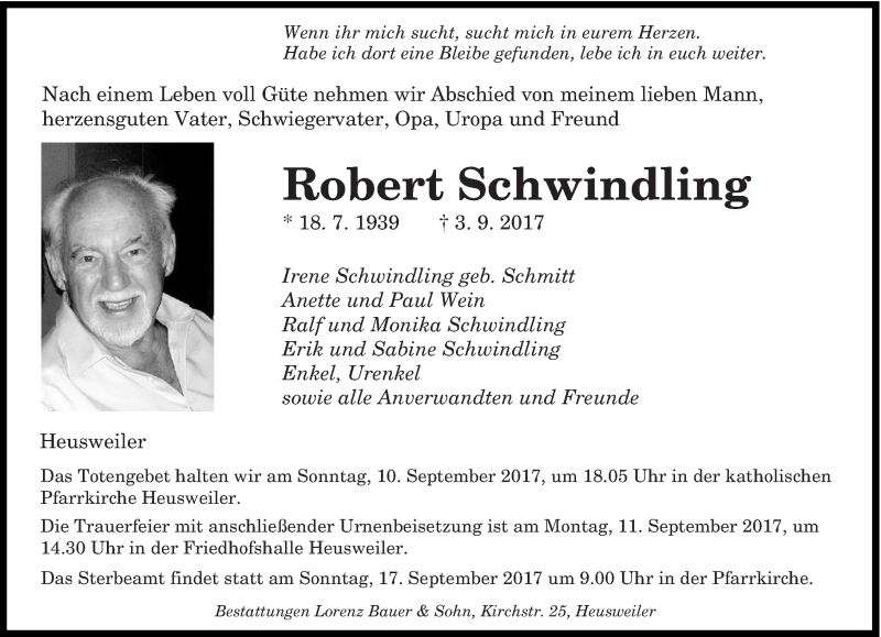  Traueranzeige für Robert Schwindling vom 08.09.2017 aus saarbruecker_zeitung
