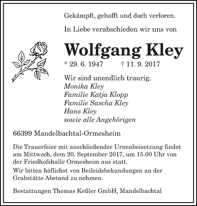  Traueranzeige für Wolfgang Kley vom 16.09.2017 aus saarbruecker_zeitung