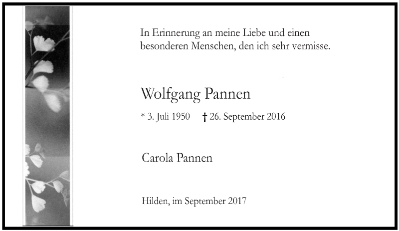  Traueranzeige für Wolfgang Pannen vom 23.09.2017 aus saarbruecker_zeitung