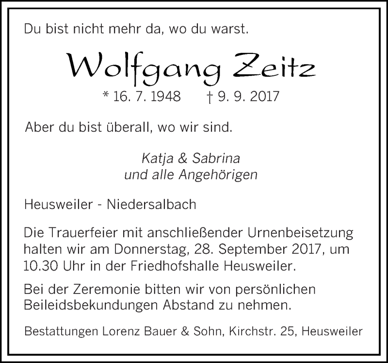  Traueranzeige für Wolfgang Zeitz vom 23.09.2017 aus saarbruecker_zeitung