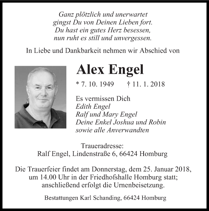  Traueranzeige für Alex Engel vom 22.01.2018 aus saarbruecker_zeitung
