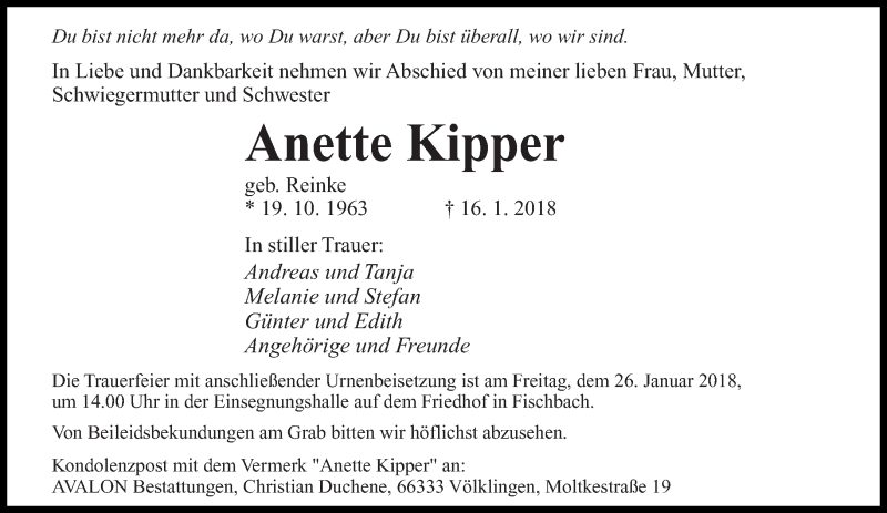  Traueranzeige für Anette Kipper vom 24.01.2018 aus saarbruecker_zeitung