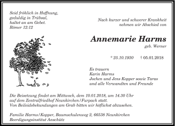 Traueranzeige von Annemarie Harms von saarbruecker_zeitung
