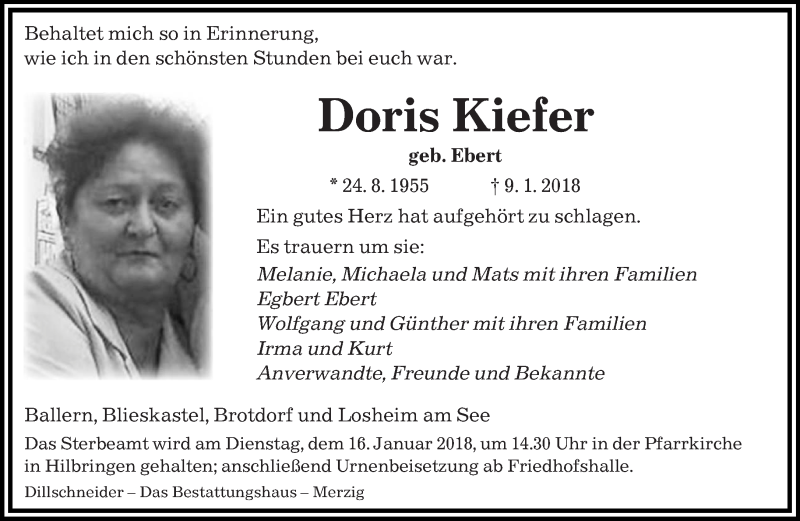  Traueranzeige für Doris Kiefer vom 12.01.2018 aus saarbruecker_zeitung