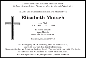 Traueranzeige von Elisabeth Motsch von saarbruecker_zeitung