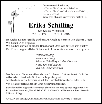 Traueranzeige von Erika Schilling von saarbruecker_zeitung