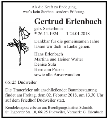 Traueranzeige von Gertrud Erlenbach von saarbruecker_zeitung