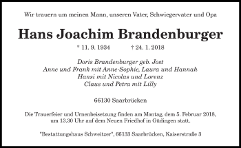 Traueranzeige von Hans Joachim Brandenburger von saarbruecker_zeitung
