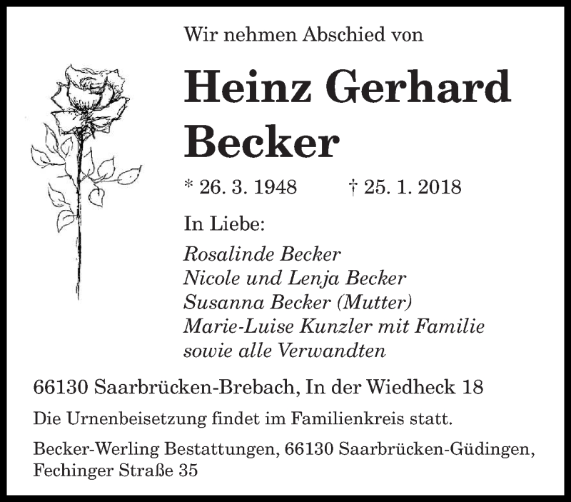  Traueranzeige für Heinz Gerhard Becker vom 27.01.2018 aus saarbruecker_zeitung