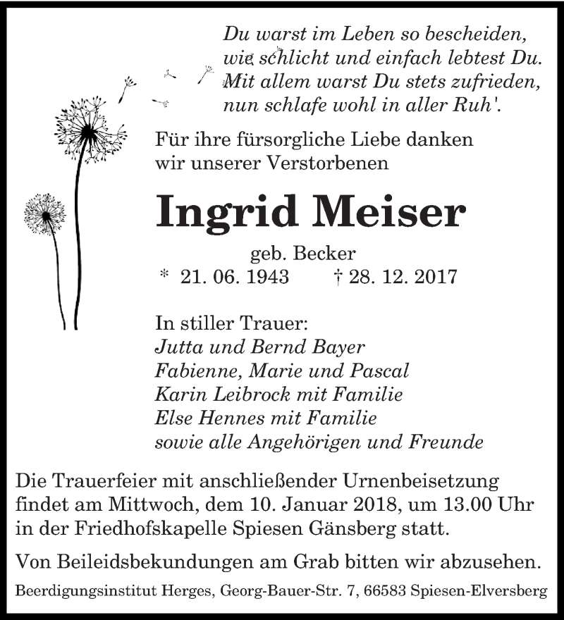  Traueranzeige für Ingrid Meiser vom 06.01.2018 aus saarbruecker_zeitung