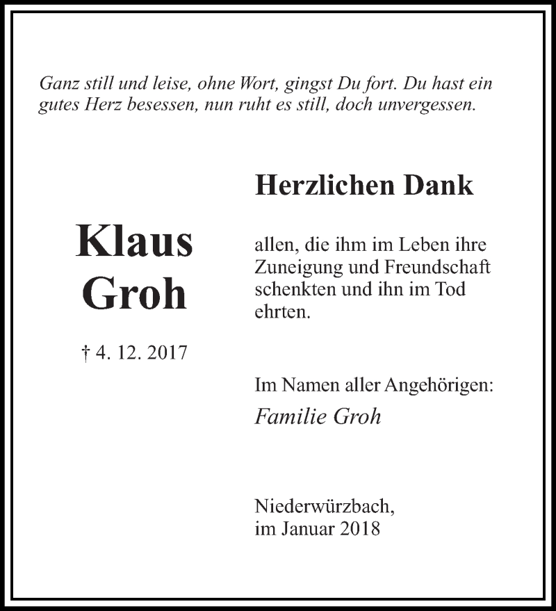 Traueranzeige für Klaus Groh vom 10.01.2018 aus saarbruecker_zeitung