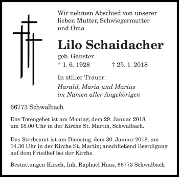 Traueranzeige von Lilo Schaidacher von saarbruecker_zeitung