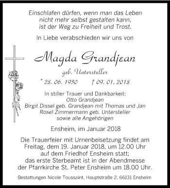 Traueranzeige von Magda Grandjean von saarbruecker_zeitung