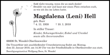 Traueranzeige von Magdalena  Hell von saarbruecker_zeitung