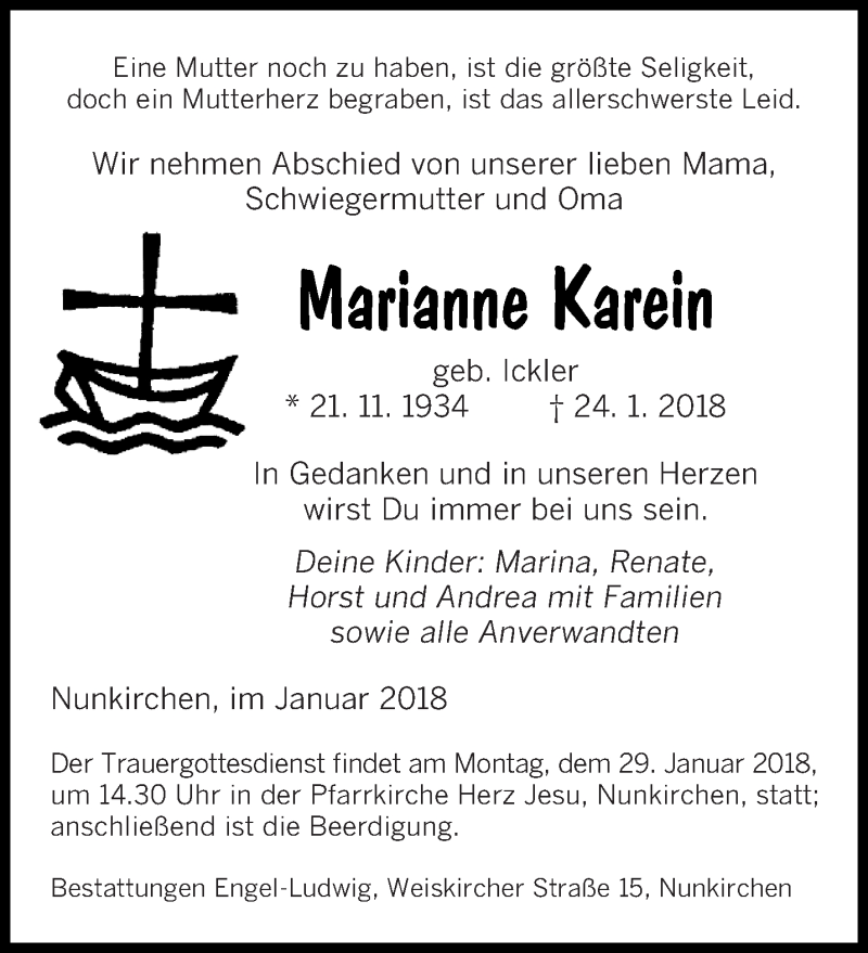  Traueranzeige für Marianne Karein vom 27.01.2018 aus saarbruecker_zeitung