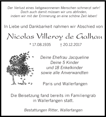 Traueranzeige von Nicolas  Villeroy de Galhau von saarbruecker_zeitung