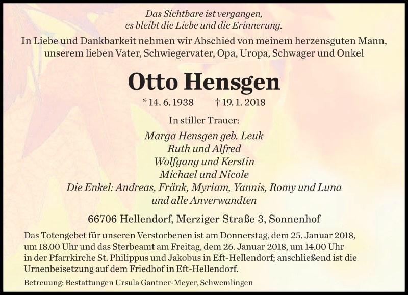  Traueranzeige für Otto Hensgen vom 22.01.2018 aus saarbruecker_zeitung