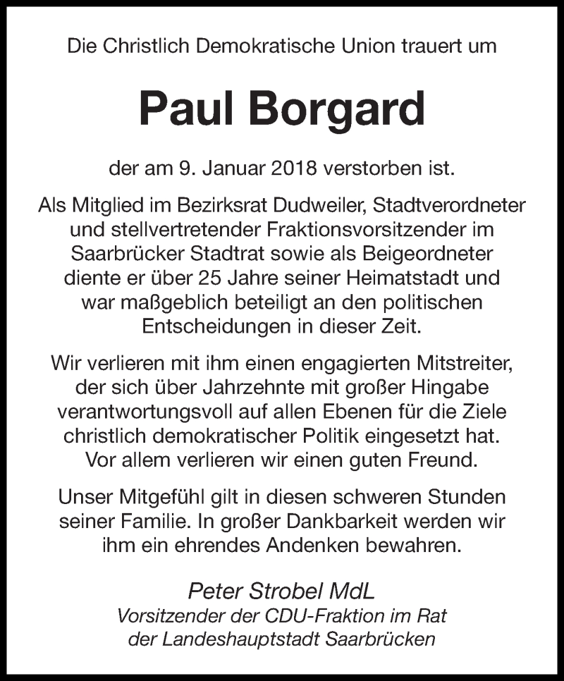  Traueranzeige für Paul Borgard vom 20.01.2018 aus saarbruecker_zeitung