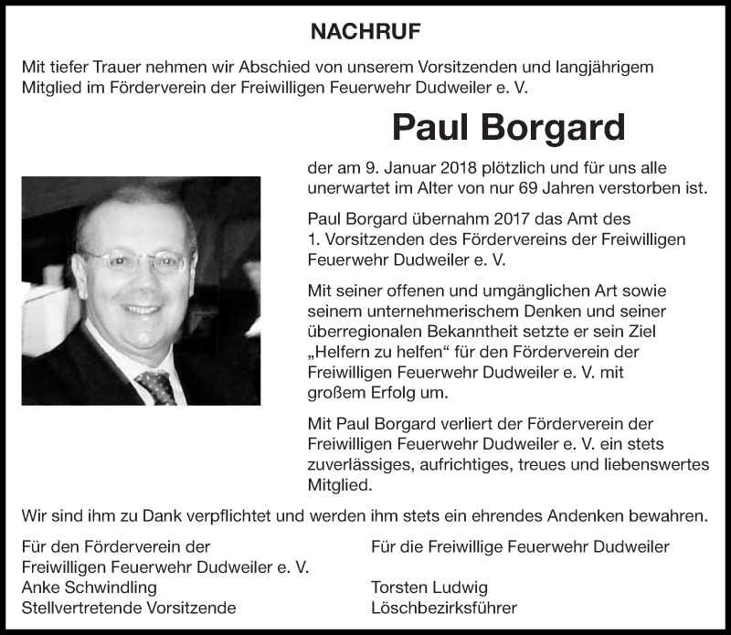  Traueranzeige für Paul Borgard vom 20.01.2018 aus saarbruecker_zeitung