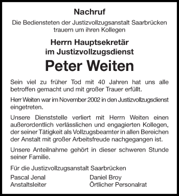 Traueranzeige von Peter Weiten von saarbruecker_zeitung