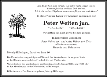 Traueranzeige von Peter Weiten von saarbruecker_zeitung