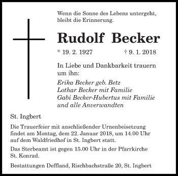 Traueranzeige von Rudolf Becker von saarbruecker_zeitung