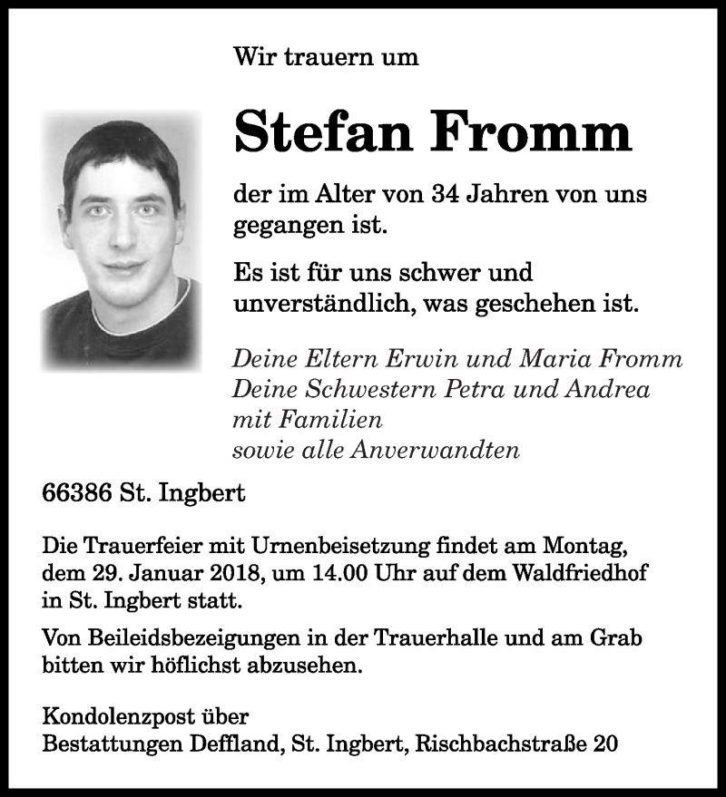  Traueranzeige für Stefan Fromm vom 24.01.2018 aus saarbruecker_zeitung