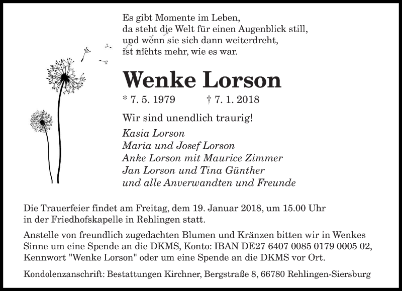  Traueranzeige für Wenke Lorson vom 17.01.2018 aus saarbruecker_zeitung