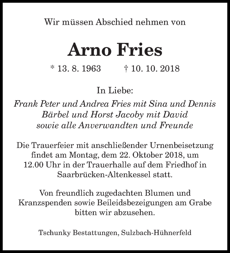  Traueranzeige für Arno Fries vom 20.10.2018 aus saarbruecker_zeitung