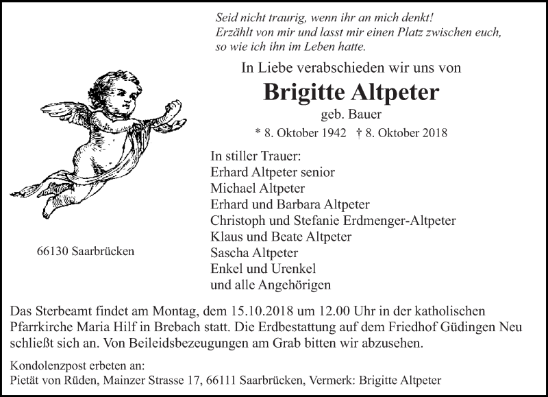  Traueranzeige für Brigitte Altpeter vom 13.10.2018 aus saarbruecker_zeitung