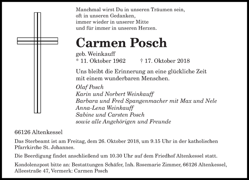  Traueranzeige für Carmen Posch vom 20.10.2018 aus saarbruecker_zeitung