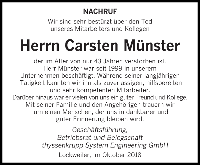  Traueranzeige für Carsten Münster vom 24.10.2018 aus saarbruecker_zeitung