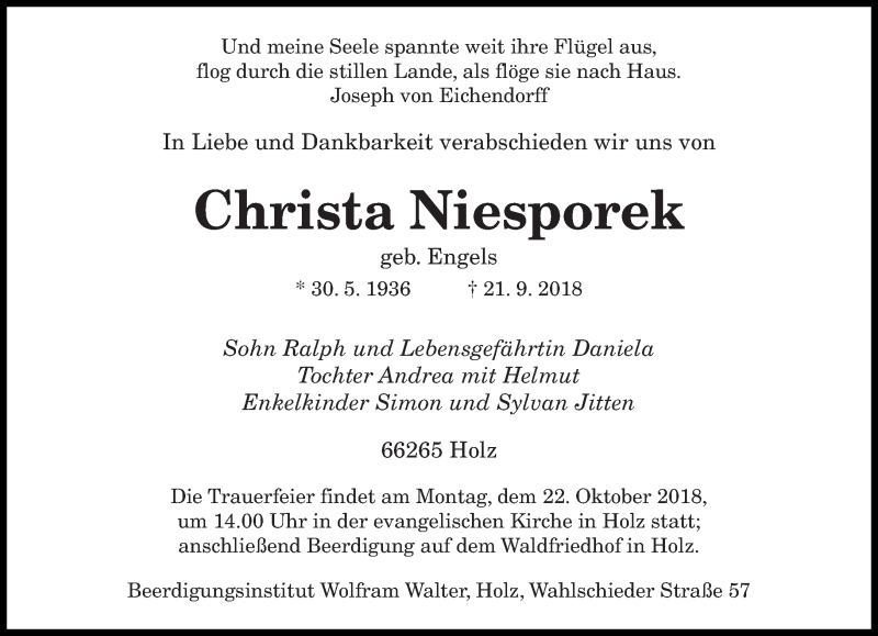  Traueranzeige für Christa Niesporek vom 17.10.2018 aus saarbruecker_zeitung