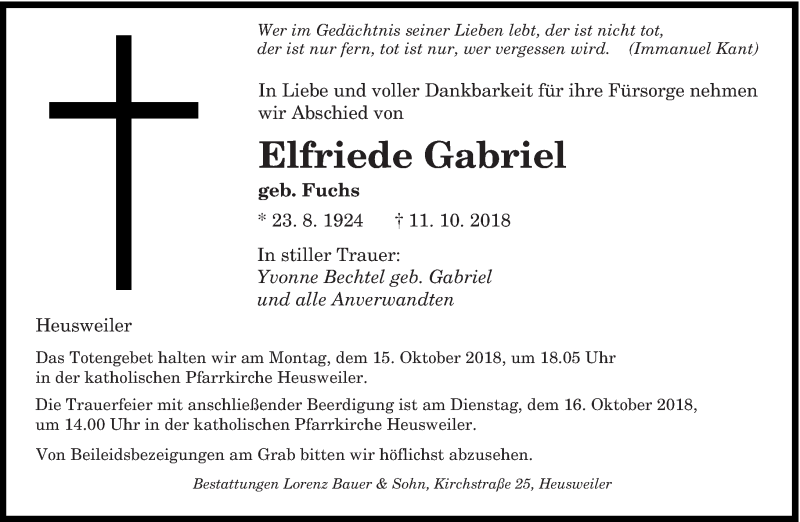  Traueranzeige für Elfriede Gabriel vom 13.10.2018 aus saarbruecker_zeitung