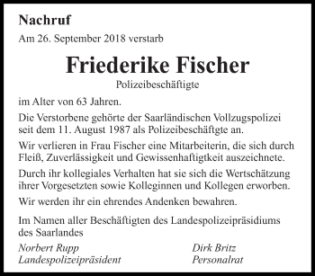 Traueranzeige von Friederike Fischer von saarbruecker_zeitung