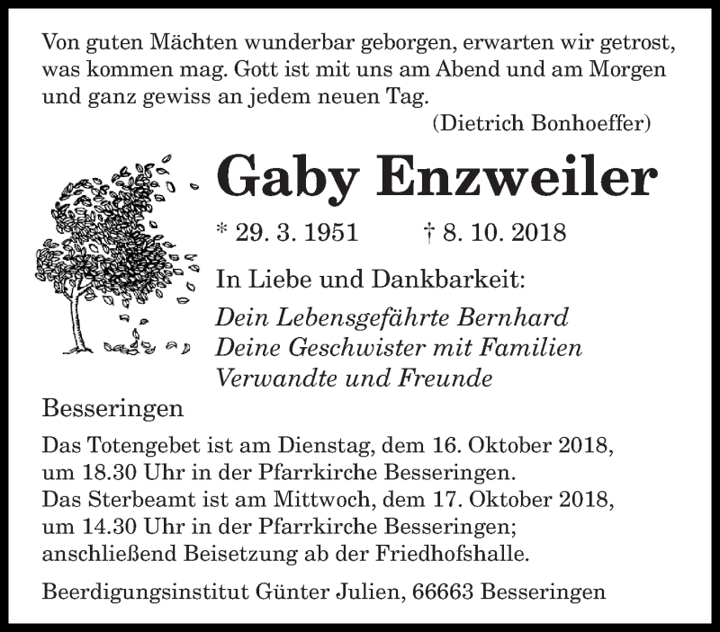  Traueranzeige für Gaby Enzweiler vom 12.10.2018 aus saarbruecker_zeitung